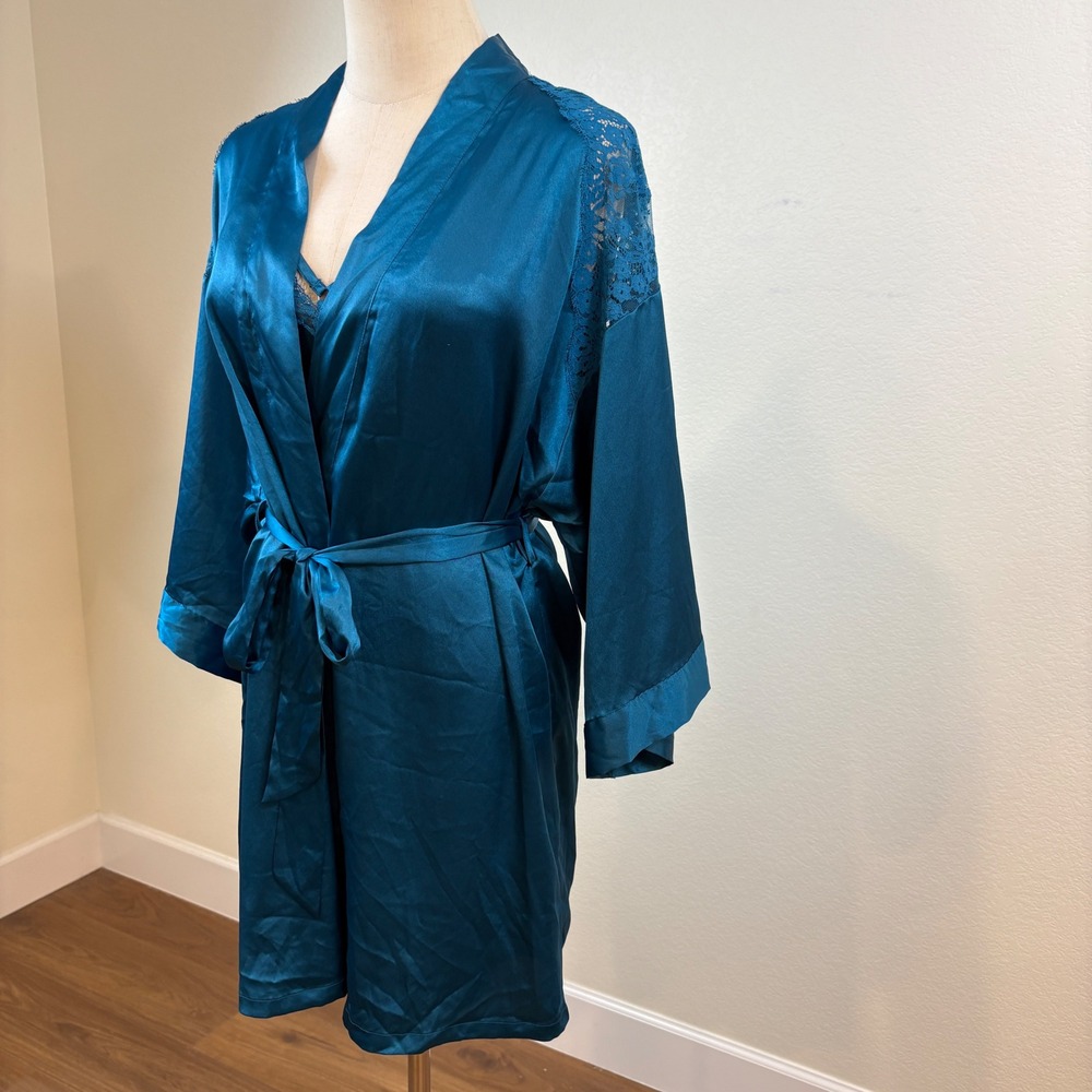 Victoria's Secret Slip Robe Set S Teal Blue Satin Lace Trim Romanitc Nightie - Picture 2 of 14